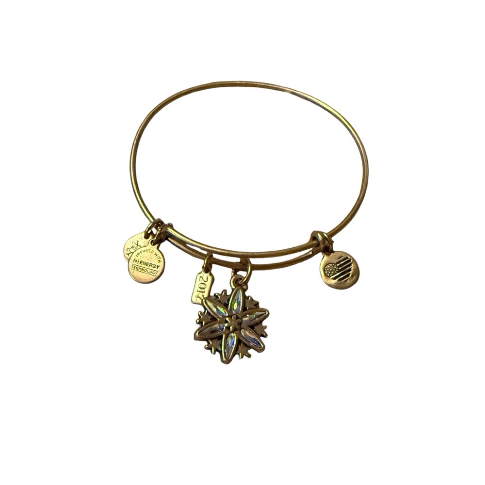 Alex and Ani Bronze Toned Bracelet w/ Charms Flower, Flag heart, energy